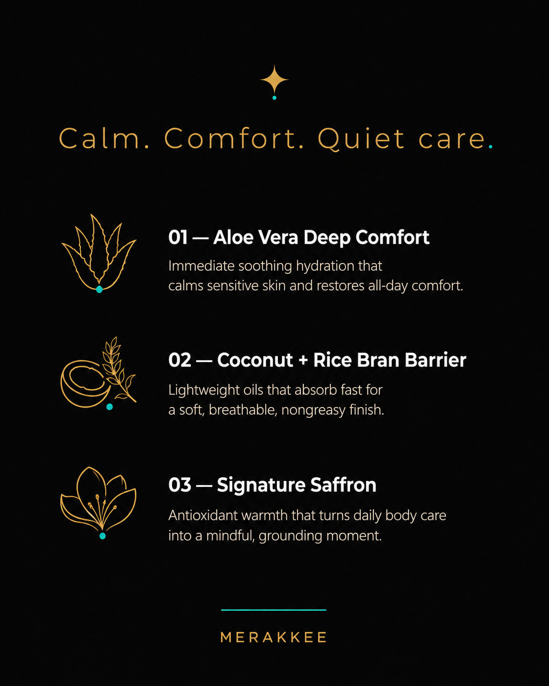 MERAKKEE Soothing Body Lotion — 3 key benefits infographic — hydrate soothe soften skin