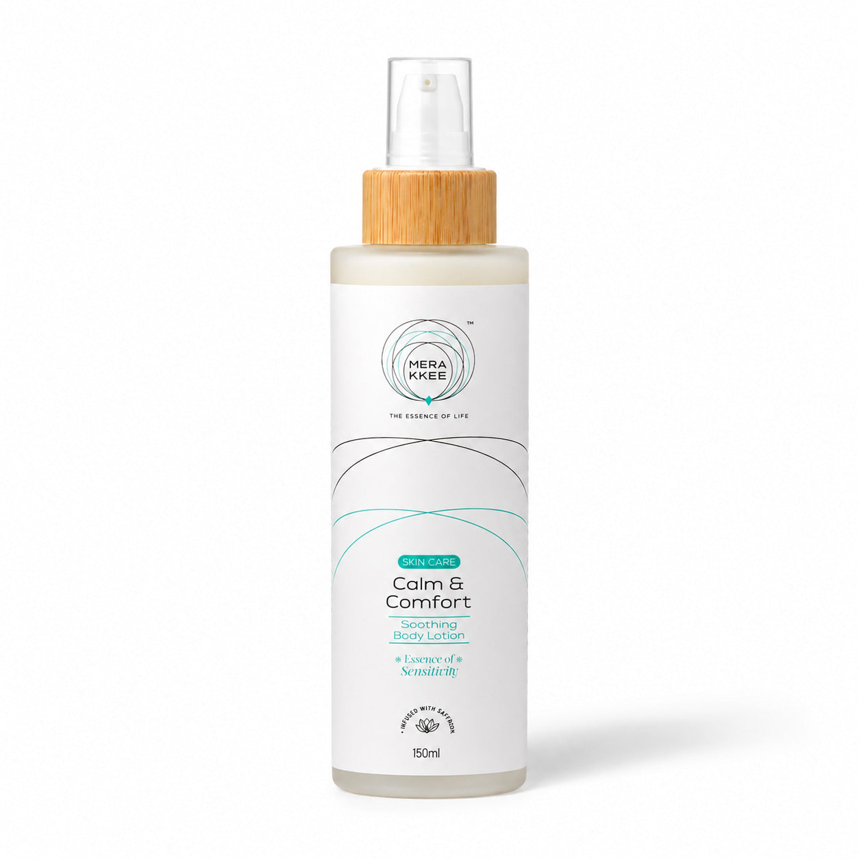 MERAKKEE Soothing Body Lotion 150ml — bottle pack shot on white — Saffron Aloe Vera Coconut Oil clean beauty India