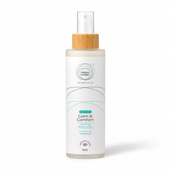MERAKKEE Soothing Body Lotion 150ml — bottle pack shot on white — Saffron Aloe Vera Coconut Oil clean beauty India