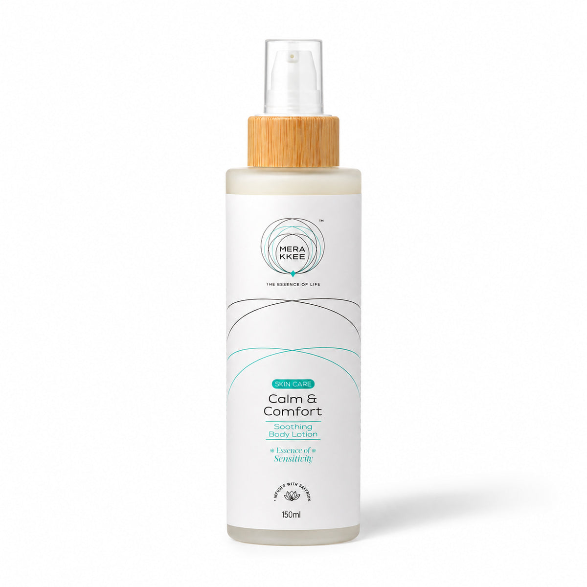 MERAKKEE Soothing Body Lotion 150ml — bottle pack shot on white — Saffron Aloe Vera Coconut Oil clean beauty India