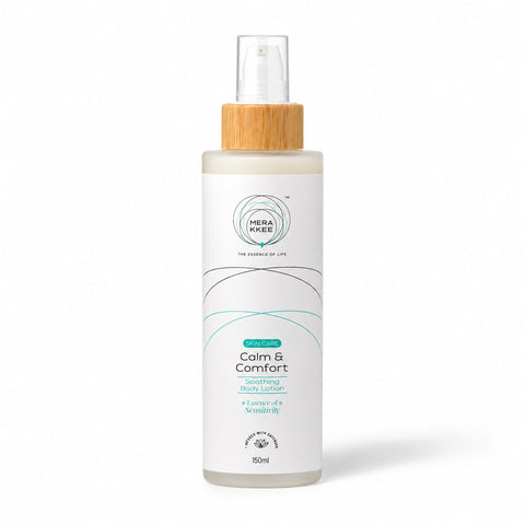 MERAKKEE Soothing Body Lotion 150ml — bottle pack shot on white — Saffron Aloe Vera Coconut Oil clean beauty India