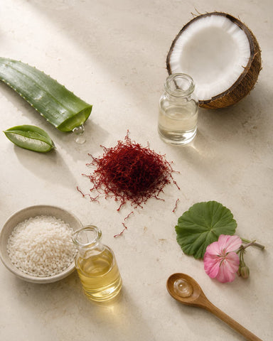 MERAKKEE Soothing Body Lotion — hero ingredients Saffron Aloe Vera Coconut Rice Bran Geranium — clean beauty India