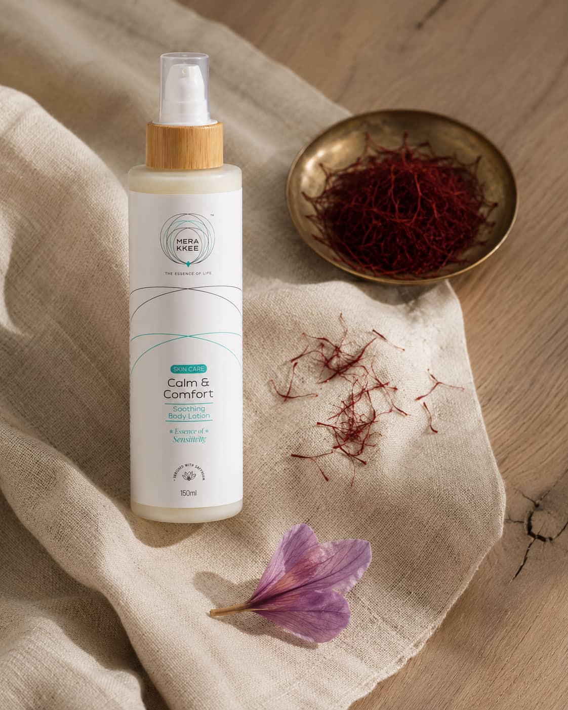 MERAKKEE Soothing Body Lotion — Saffron and Aloe Vera hero ingredients close-up — Essence of Sensitivity India