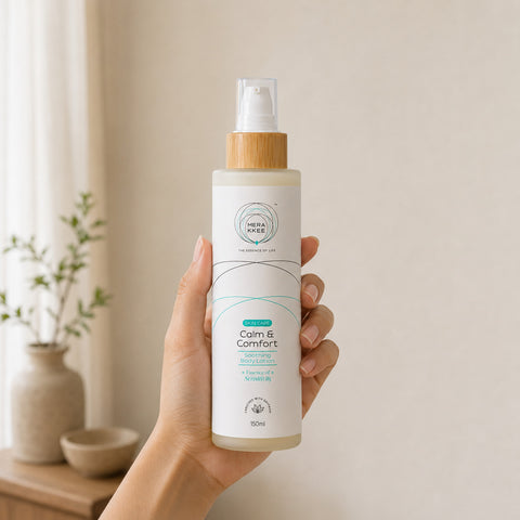 MERAKKEE Soothing Body Lotion 150ml — bottle held in hand size reference — Calm & Comfort Sensitivity