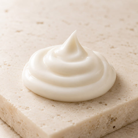 MERAKKEE Soothing Body Lotion — silky lotion texture swatch on white — Saffron Coconut Oil Geranium formula
