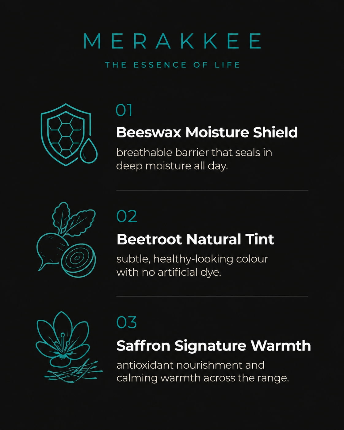 MERAKKEE Soothing Lip Balm — 3 key benefits infographic — nourish protect tint lips