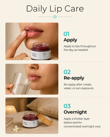 MERAKKEE Soothing Lip Balm — step-by-step how to use guide — apply to clean lips anytime routine